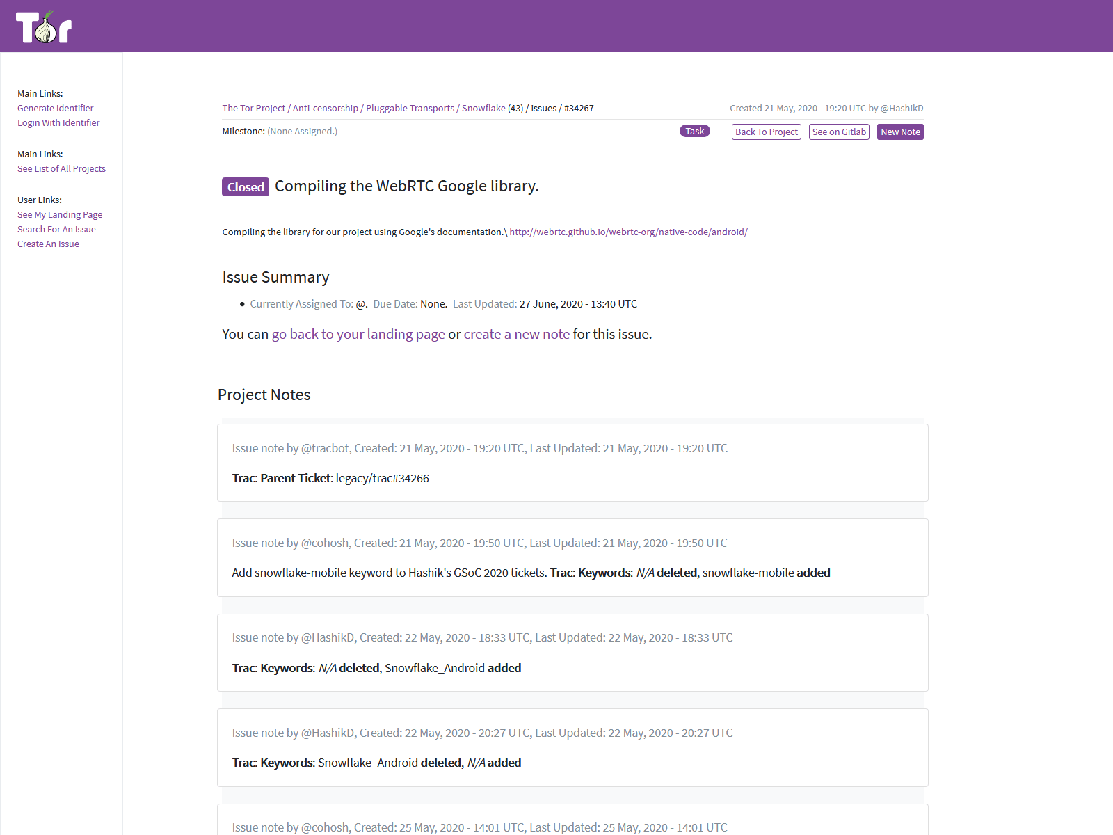 An example of a closed issue view. The top shows details about the issue from gitlab, including the namespace, issue number, assignee, milestones, labels, etc. This is followed by a detail summary and a list of project notes.
